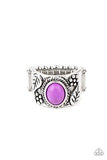 Free Spirited Fields - Purple Stone Silver Leafy Floral Pattern Wide Band Ring