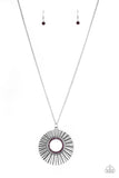 Chicly Centered - Brown - Purple - Green - Multi Rhinestones Encrusted in the Center of Silver Rippling Frame Long Necklace