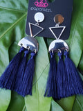 Tassel Trippin' - Blue Threaded Tassels Silver Triangle and Half Moon Disc Post Earrings