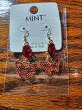 Butterfly Earrings - Red Gem Above Butterfly Red Rhinestones Gold Fishhook