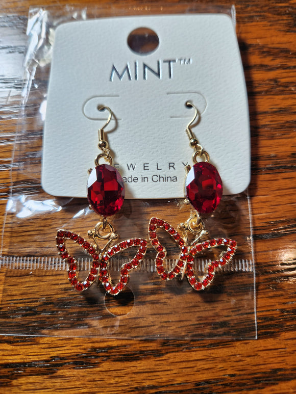 Butterfly Earrings - Red Gem Above Butterfly Red Rhinestones Gold Fishhook