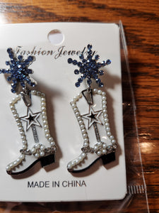 Cowboy Boot Earrings - White Boot Blue Rhinestones Post