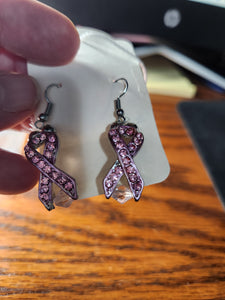 Handmade Breast Cancer Ribbons - Pink Rhinestones Breast Cancer Awareness Ribbon with a Pink Bead on Bottom Fishhook Earrings