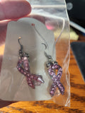 Handmade Breast Cancer Ribbons - Pink Rhinestones Breast Cancer Awareness Ribbon with a Pink Bead on Bottom Fishhook Earrings