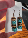 Handmade Wavy Layered Earrings - Blue/Turquoise Wavy Beads and Brown Wooden Beads Fishhook Earrings