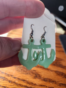 Handmade Anchor Earrings - Green Anchor Fishhook Earrings