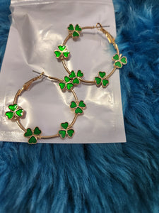 Heart Clover Hoops - Gold Hoop Frame with Green Heart Clovers Earrings