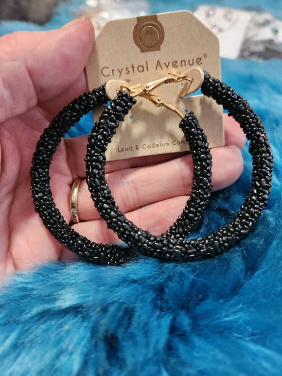 Crystal Avenue Earrings - Black Seed Bead Hoops