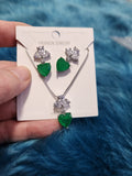 Heart Necklace - Green Heart Shaped Gem Silver Frame White Rhinestones Short Necklace