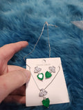 Heart Necklace - Green Heart Shaped Gem Silver Frame White Rhinestones Short Necklace