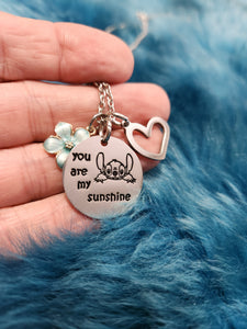 Heart Charm Necklace - Blue Flower Silver Heart and Silver Disc "You are my sunshine" Inspirational Long Necklace