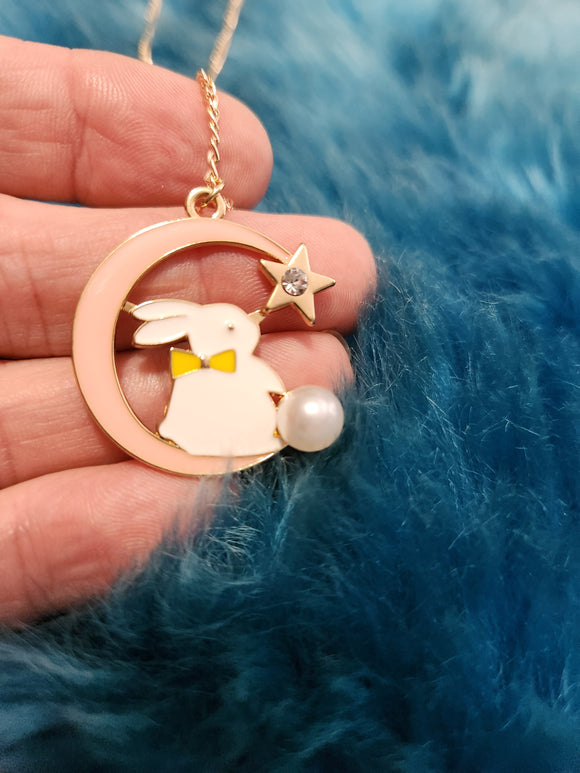 Moon With Rabbit - Pink - Blue 1/4 Moon Easter Rabbit inside it Short Necklace