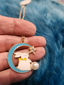 Moon With Rabbit - Pink - Blue 1/4 Moon Easter Rabbit inside it Short Necklace