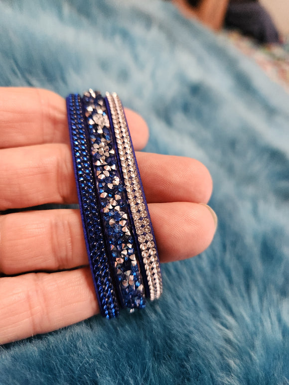 Crushed Rock - Blue Leather and Blue and White Crushed Rocks and Rhinestones Urban Snap Wrap Bracelet