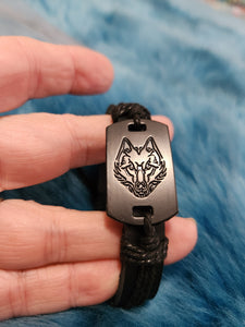 Wolf Urban Bracelet - Brown Leather Wolf Printed on a Flat Center Piece Urban Pull Tie Bracelet