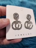 Double C - White Rhinestones Post Earrings