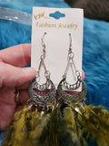 Feathers - Green Feathers Silver Crescent Filigree Fishhook Earrings