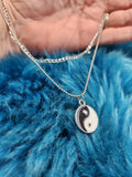 Ying Yang Necklace - Black/White Ying Yang Charm Silver Chain Short Necklace