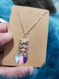 Kitty Cat - Multi Feathers Dangling from a Cats Face Short Necklace