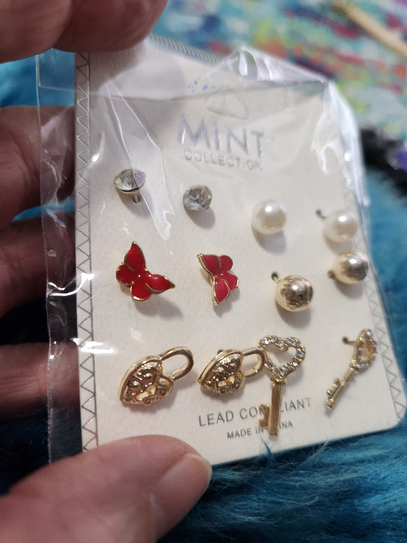 Assorted Earrings Pack - Red - Black - Blue Butterflies Gold Keys and Lock Other Brand Post