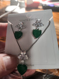 Heart Necklace - Green Heart Shaped Gem Silver Frame White Rhinestones Short Necklace