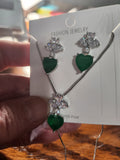 Heart Necklace - Green Heart Shaped Gem Silver Frame White Rhinestones Short Necklace