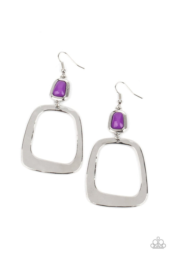 Material Girl Mod - Purple Rectangular Bead Silver Oversized Square Hoop Fishhook Earrings