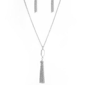 Tassel Tease - White Bead with Silver Tassels on Bottom Long Necklace