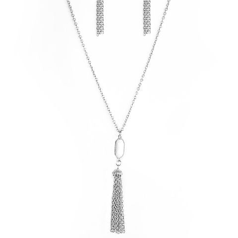 Tassel Tease - White Bead with Silver Tassels on Bottom Long Necklace