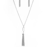 Tassel Tease - White Bead with Silver Tassels on Bottom Long Necklace