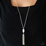 Tassel Tease - White Bead with Silver Tassels on Bottom Long Necklace