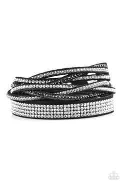 Taking Care of Business - Black - Silver Suede Band Encrusted Rhinestones Double Wrap Snap Bracelet