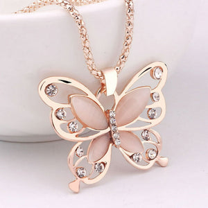 Butterfly Necklace - Rose Gold Butterfly Opal Moonstone White Rhinestones Other Brand Long Necklace