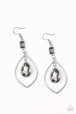 Priceless - Silver/Smoky Teardrop Gem Fishhook Earrings