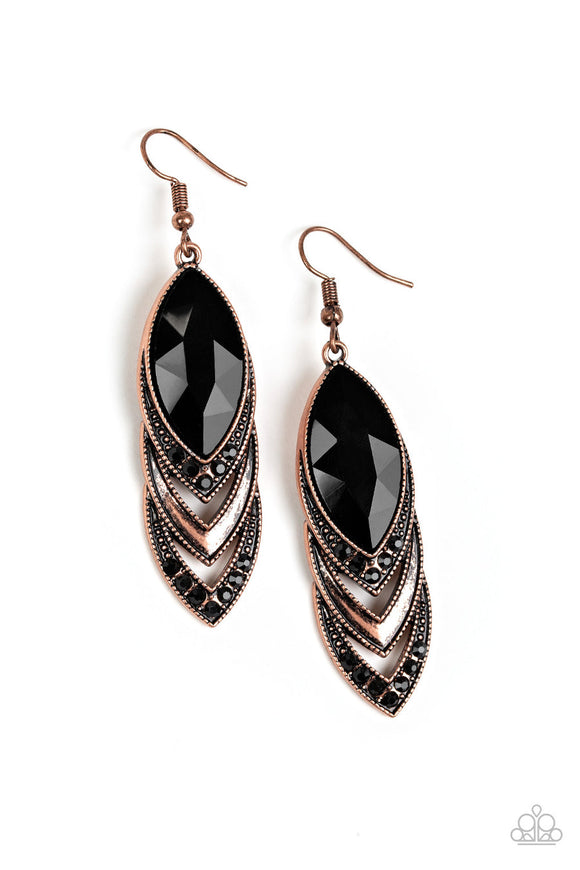 High-End Highness - Copper Overlapping Frames Copper and Black Rhinestones Fishhook Earrings