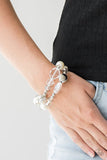 Downtown Dazzle - White - Blue - Silver Pearls Silver Beads Stretchy Bracelet