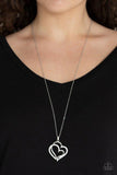 Lighthearted Luster - White Rhinestones Two Silver Hearts Long Necklace