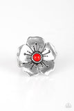 Boho Blossom - Pink - Red Bead Silver Flower Wide Band Ring