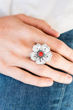 Boho Blossom - Pink - Red Bead Silver Flower Wide Band Ring