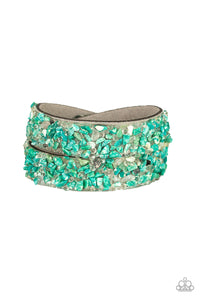 Crush to Conclusions - Green Crushed Rocks and Glassy White Rhinestones Double Snap Wrap Bracelet