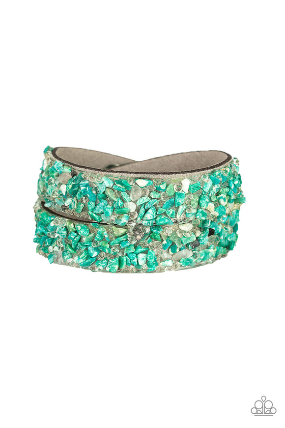 Crush to Conclusions - Green Crushed Rocks and Glassy White Rhinestones Double Snap Wrap Bracelet