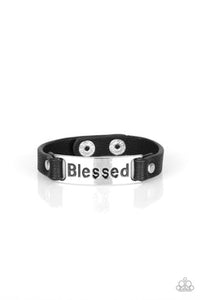 Count Your Blessings - Black - Silver Leather Silver Plate Inspirational Stamped "Blessed" Urban Snap Wrap Bracelet