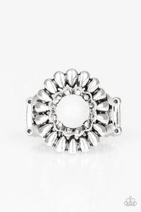 Poppy Pep - White Shiny Bead Centered Silver Floral Wide Band Ring