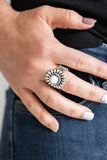 Poppy Pep - White Shiny Bead Centered Silver Floral Wide Band Ring