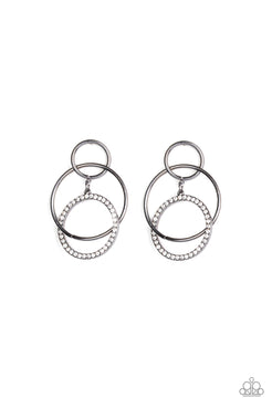 Metro Bliss - Black/Gunmetal Hoops Encrusted White Rhinestones Post Earrings