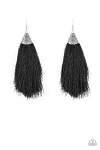 Tassel Temptress - Black - White Thread Tassel Silver Fitting Tribal Texture Fishhook Earrings