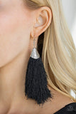 Tassel Temptress - Black - White Thread Tassel Silver Fitting Tribal Texture Fishhook Earrings