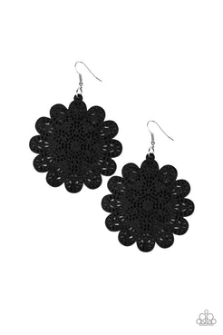 Coachella Cabaret - Black Wooden Floral Fishhook Earrings