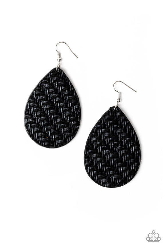 Teardrop Trend - Black Leather Wicker Basket-Like Pattern Fishhook Earrings