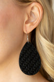 Teardrop Trend - Black Leather Wicker Basket-Like Pattern Fishhook Earrings